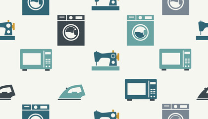 Fototapeta premium Seamless home appliances pattern with sewing machines, washing machines, microwaves, and electric irons on beige background.