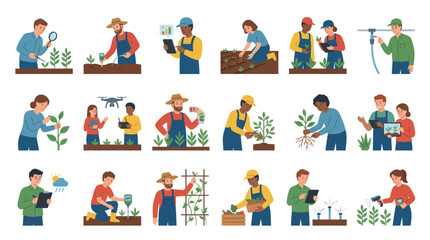 Fototapeta premium Farmers Using Technology for Crop Management and Agriculture - Flat Style
