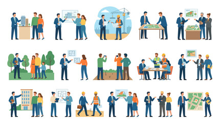 Fototapeta premium Real Estate and Construction Business Professionals Flat Illustration Set with Blueprints, Building Models Maps