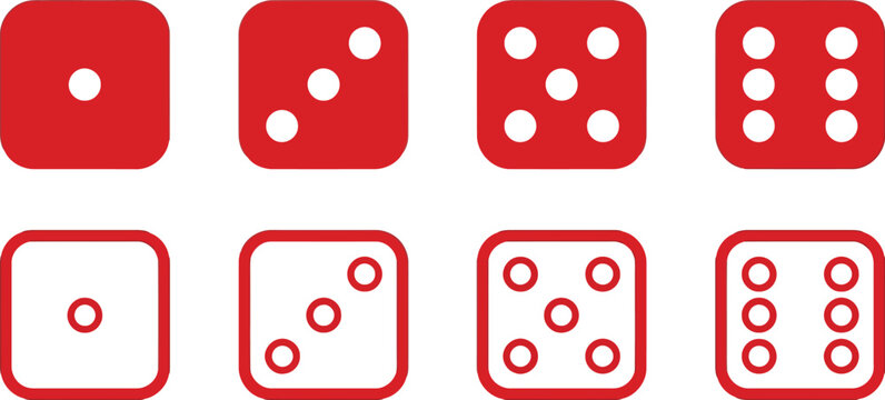 Set of red dice icons with odd numbers one three five and six on white background