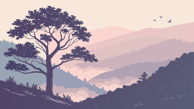 Silhouette tree on hill in muted pastel colors with soft atmospheric lighting for landscape illustration