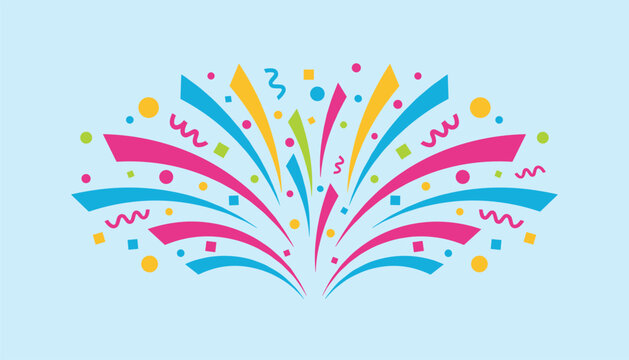 Symmetrical holiday confetti explosion with colorful paper streamers and geometric shapes on a light blue background.