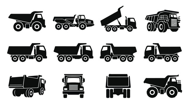 Heavy construction dump truck icons, set of 12 black silhouette tipper vehicle vectors, industrial mining and earthmoving machinery graphics