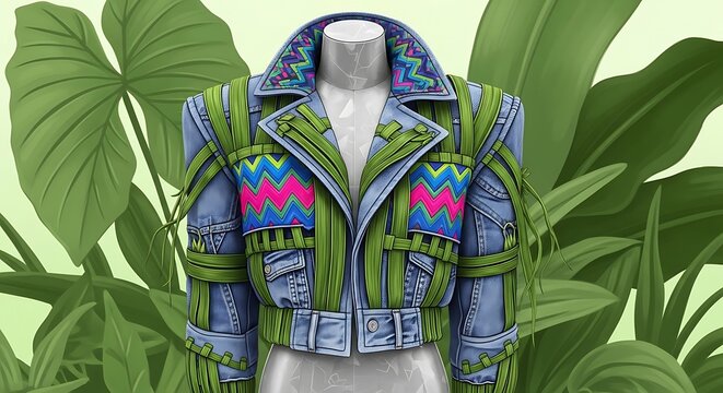 A cropped denim jacket with colorful accents on a mannequin
