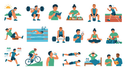Fototapeta premium Flat Vector Illustration of Healthy Lifestyle Habits and Daily Wellness Activities for Fitness and Self-care