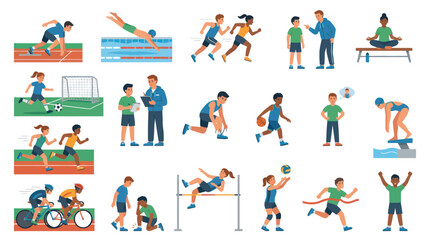 Fototapeta premium Flat Vector Illustration Collection: Athletes, Coaches, and Sports Activities in Physical Education