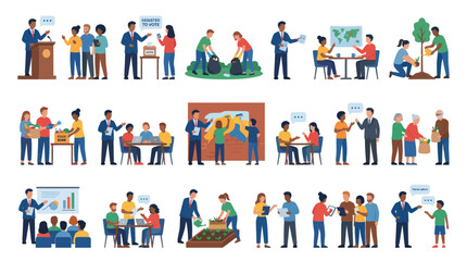 Fototapeta premium Community and Civic Engagement Flat Design Vector Illustrations Set: Volunteering, Public Service, Education, Charity Concepts