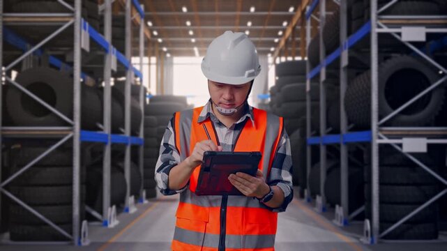 Asian Male Engineer With Safety Helmet Taking Note On The Tablet And Looking Around While Standing at Tire Warehouse Interior with Industrial Shelving Racks