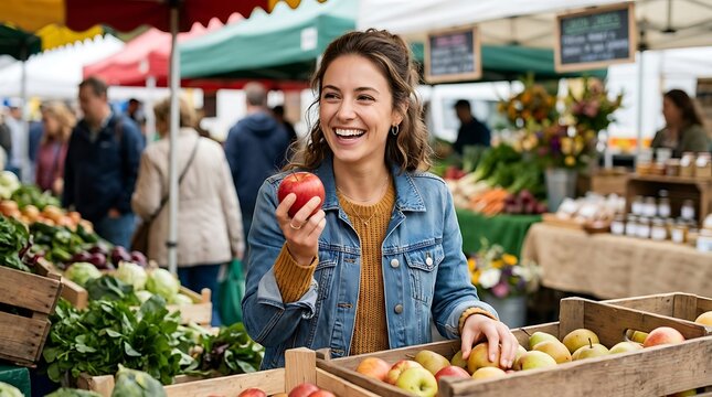 Smiling woman holding a fresh red apple while shopping for produce at an outdoor farmers market with wooden crates and various fresh vegetables