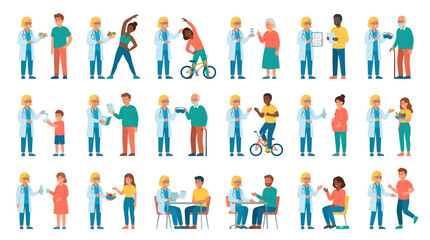 Fototapeta premium Flat Vector Medical Icons: Doctors, Patients, Health, and Wellness