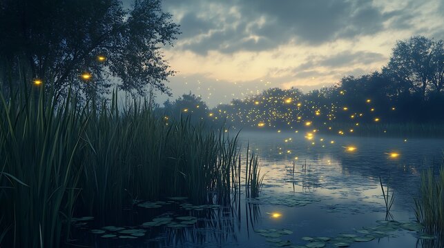 Enchanting night scene fireflies illuminate a tranquil lake at dusk