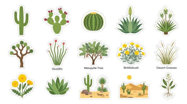 Flat Design Desert Plants and Cacti Vector Icons Set