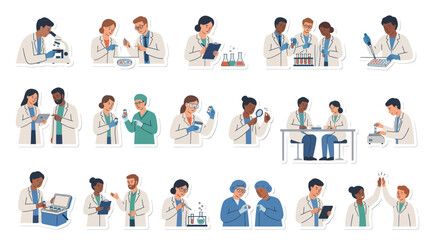 Fototapeta premium Scientific Research Team Flat Vector Illustration Set. Diverse Scientists Lab Workers with Equipment