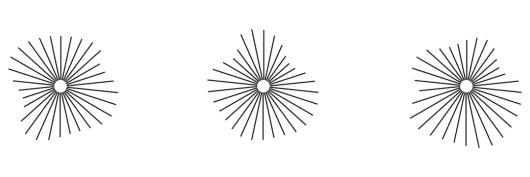 Circular sound waves. Abstract circular lines pattern. Music audio bursts. Ring of thin rays with wavy silhouette. Radial spectrum design. Geometric waveform vector illustration isolated on white