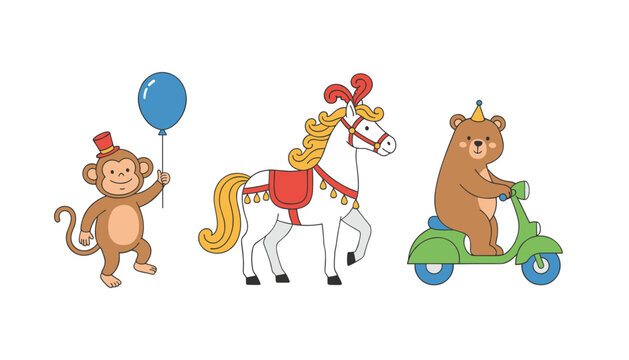 Cute circus animals illustration featuring a monkey holding a balloon, a decorated white show horse, and a bear riding a green scooter.