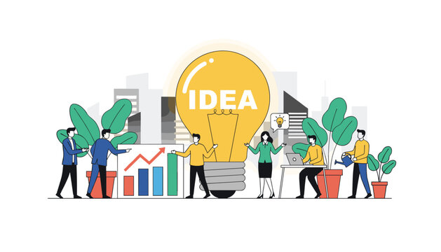 Creative business team brainstorming and presenting financial charts around a giant glowing lightbulb with the word idea.