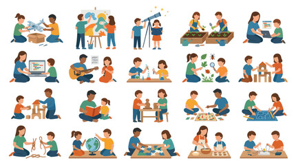 Fototapeta premium Diverse Children Learning and Playing with Educational Activities, Flat Vector Art