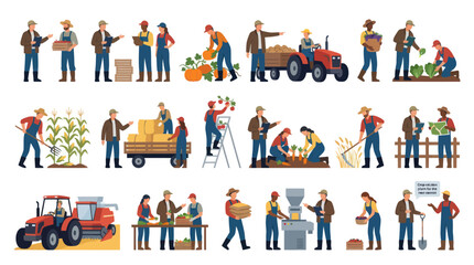 Fototapeta premium Agriculture and Farming Activities Flat Illustration. Farmers Working, Harvesting Crops, and Operating Machinery.