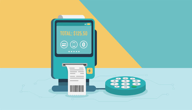 Modern electronic cash register and POS payment terminal with a printed receipt and a round numerical keypad on a desk.