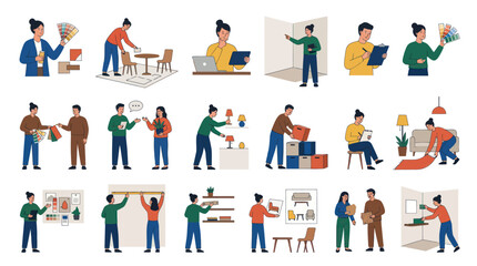 Fototapeta premium Interior Design Flat Icons: People choosing colors, furniture, arranging decor