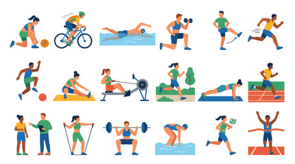 Fototapeta premium Flat Vector Illustration of Diverse People Exercising in Various Sports and Fitness Activities