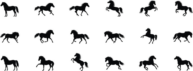 Fototapeta premium Black silhouettes of running wolves in various dynamic poses animal figures