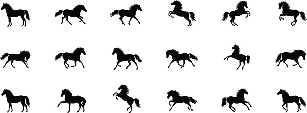 Black silhouettes of running wolves in various dynamic poses animal figures