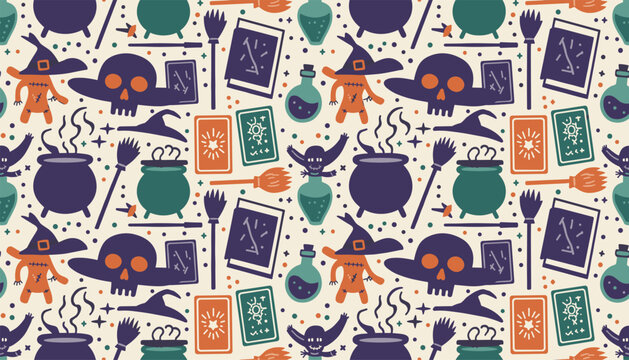 Seamless Halloween magic pattern filled with whimsical cauldrons, sorcerer hats, skulls, tarot cards, and potion bottles.