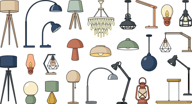 Modern and vintage lighting fixtures vector collection featuring chandeliers pendant lamps floor tripod stands and office desk lights for interior design