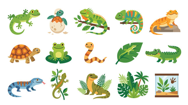Cute Cartoon Reptiles and Amphibians Flat Vector Collection