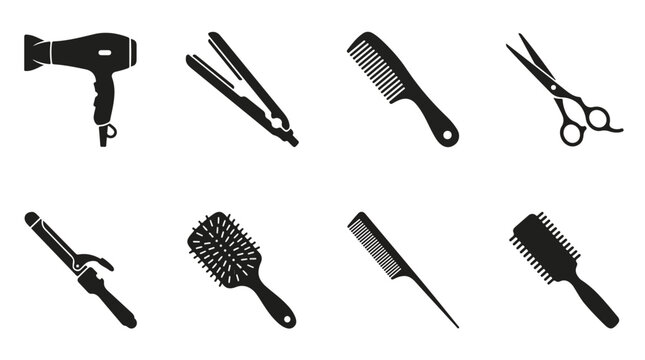 Professional hair salon tools icon set, black silhouette barber equipment collection, 8 vector styling accessories for beauty parlor branding