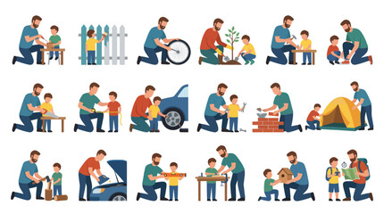 Fototapeta premium Father and Son Flat Illustration Vector Set for Family Bonding, Education, Hobbies DIY Lifestyle