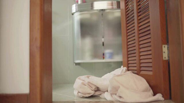 Woman taking off her bathrobe bra and panty before taking a shower in the morning.