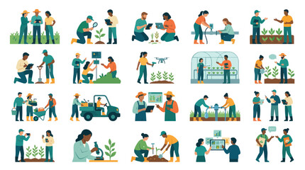 Naklejka premium Smart Agriculture Flat Vector Illustrations Set: Farmers, Scientists Agri-Tech Innovations for Sustainable Farming