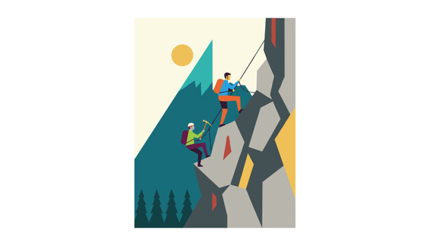 Determined mountaineers climb a steep rocky cliff face using ropes and ice axes under a bright shining sun.