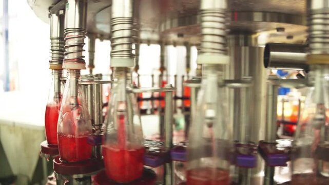 Close-up of industrial bottling equipment precisely filling glass containers with liquid during high-speed beverage production process in factory