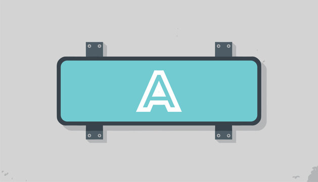 Minimalist turquoise lightbox sign displays a bold white letter A mounted securely on a textured grey wall.