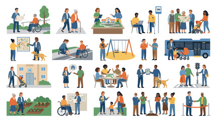 Fototapeta premium Community Support Inclusion Flat Vector Illustration Set: Diverse People, Accessibility Social Services