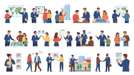 Fototapeta premium Real Estate Business Flat Vector Illustration Set. Agents Helping Clients Buy and Sell Property, Houses and Apartments.