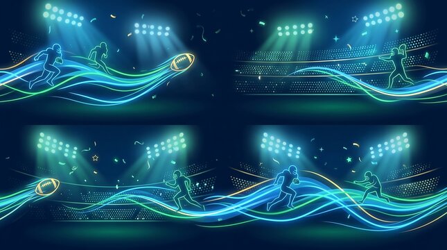 Dynamic American football players in motion, illuminated by stadium lights, surrounded by vibrant, flowing energy waves and confetti, perfect for sports broadcasts