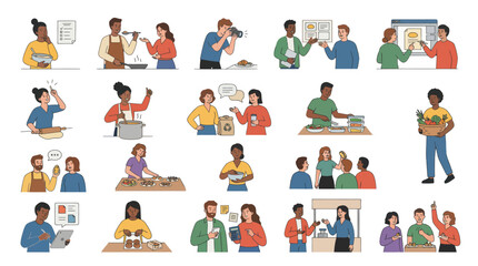 Fototapeta premium Food and Beverage Industry Flat Vector Illustrations: People Cooking, Preparing, Shopping, and Sustainable Living