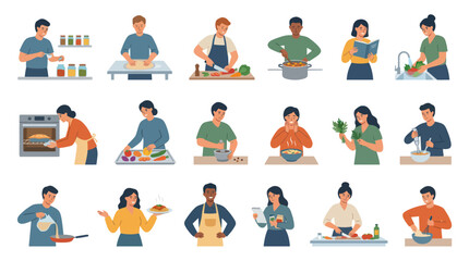 Fototapeta premium Cooking and Food Preparation Flat Vector Illustration Set. Diverse People Preparing Meals in Kitchen.