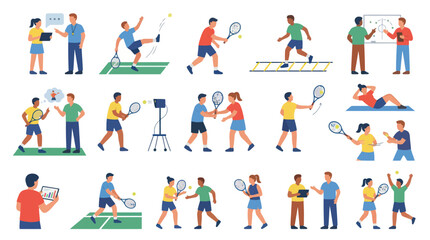 Fototapeta premium Professional Tennis Coaching and Training Flat Vector Illustration Set for Sports Education