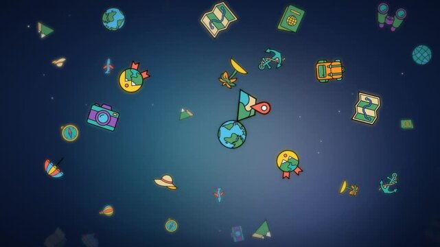 Travel and tourism icons floating with globe airplane map and vacation symbols on blue