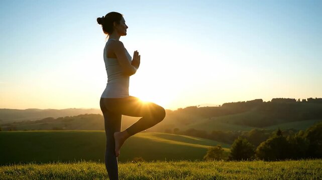 Woman practicing yoga tree pose at golden hour in serene nature
