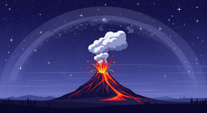 Volcanic eruption with glowing lava and smoke.