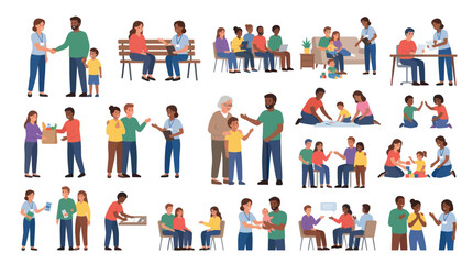 Fototapeta premium Diverse Community People Helping and Interacting Together Flat Illustration