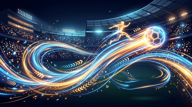 Abstract seamless football energy waves flowing through a dynamic stadium with glowing trails of blue and gold light during a fast-paced match