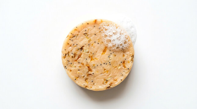 A round bar of natural handmade soap with exfoliating poppy seeds and dried flower petals isolated on white background