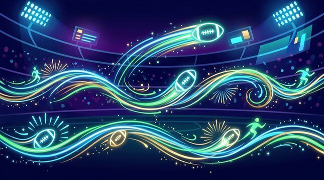 Futuristic neon American football energy waves flowing across a glowing stadium background vector illustration